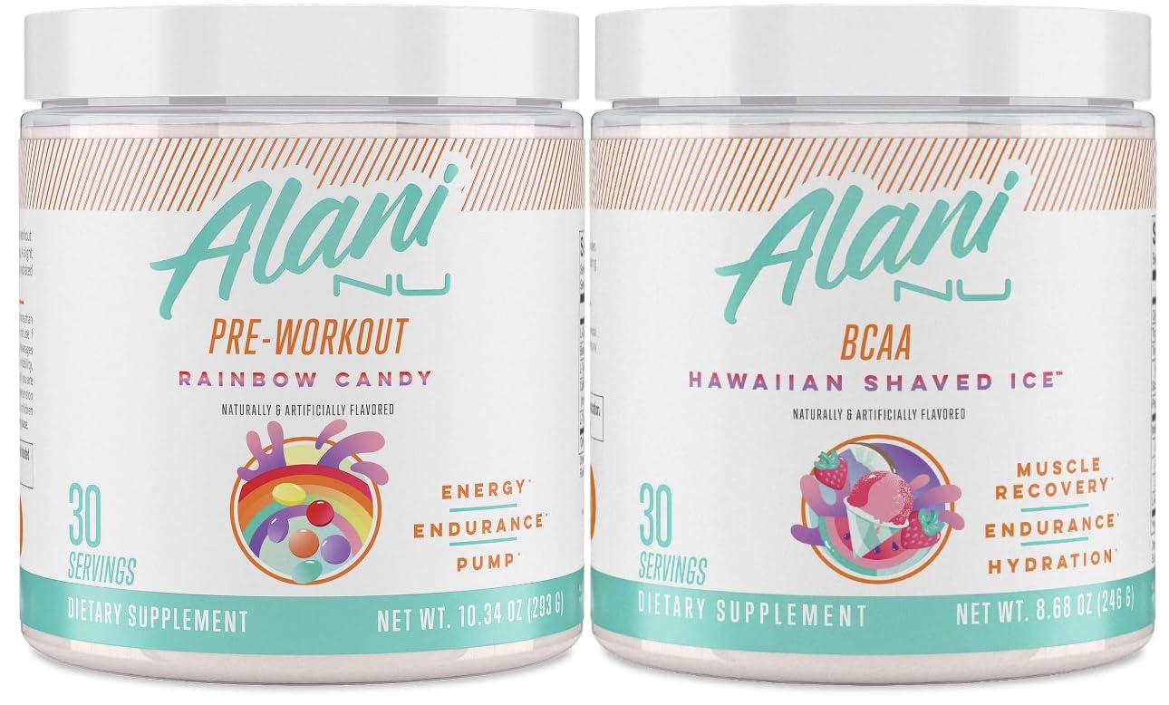 Alani Nu Rainbow Candy Pre Workout and BCAA Hawaiian Shaved Ice Post Workout Powder