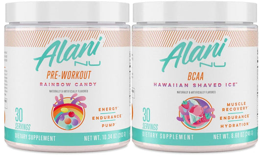 Alani Nu Rainbow Candy Pre Workout and BCAA Hawaiian Shaved Ice Post Workout Powder