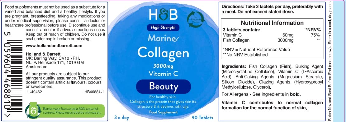 Holland and Barrett Marine Collagen with Vitamin C 3000mg 90 Tablets