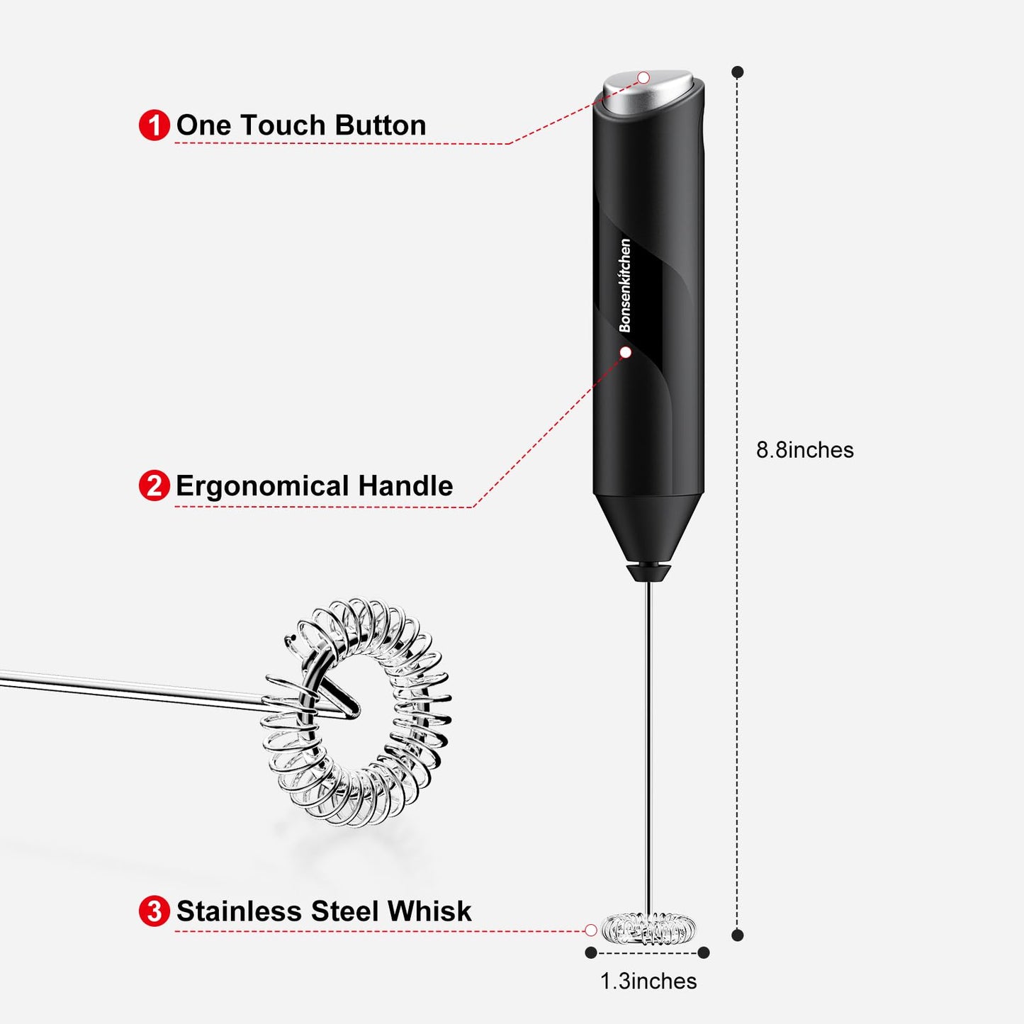 Bonsenkitchen Milk Frother Handheld, Electric Foam Maker with Stainless Steel Whisk