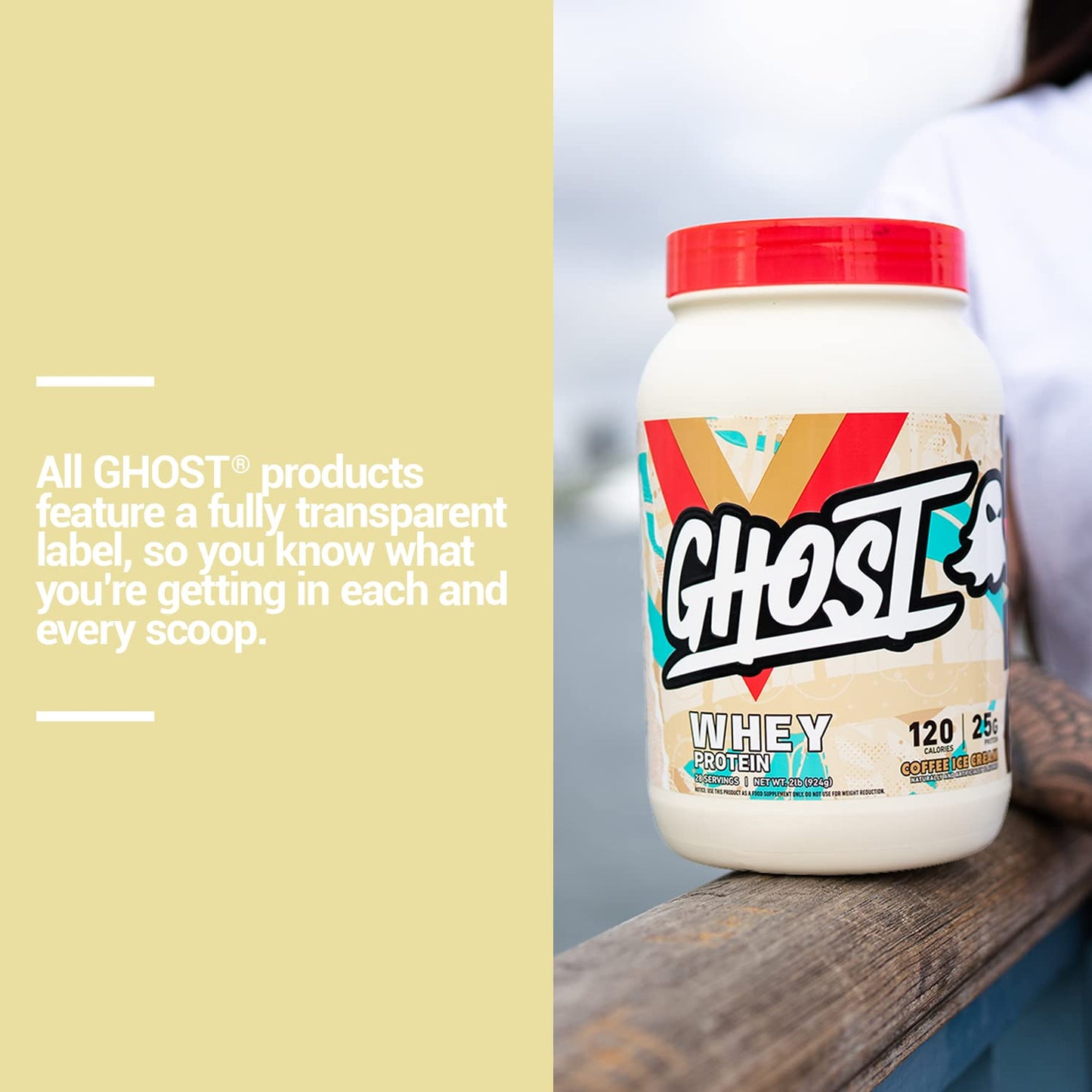 GHOST Whey Protein Powder, Coffee Ice Cream - 2LB Tub, 25G of Protein - Flavored Isolate