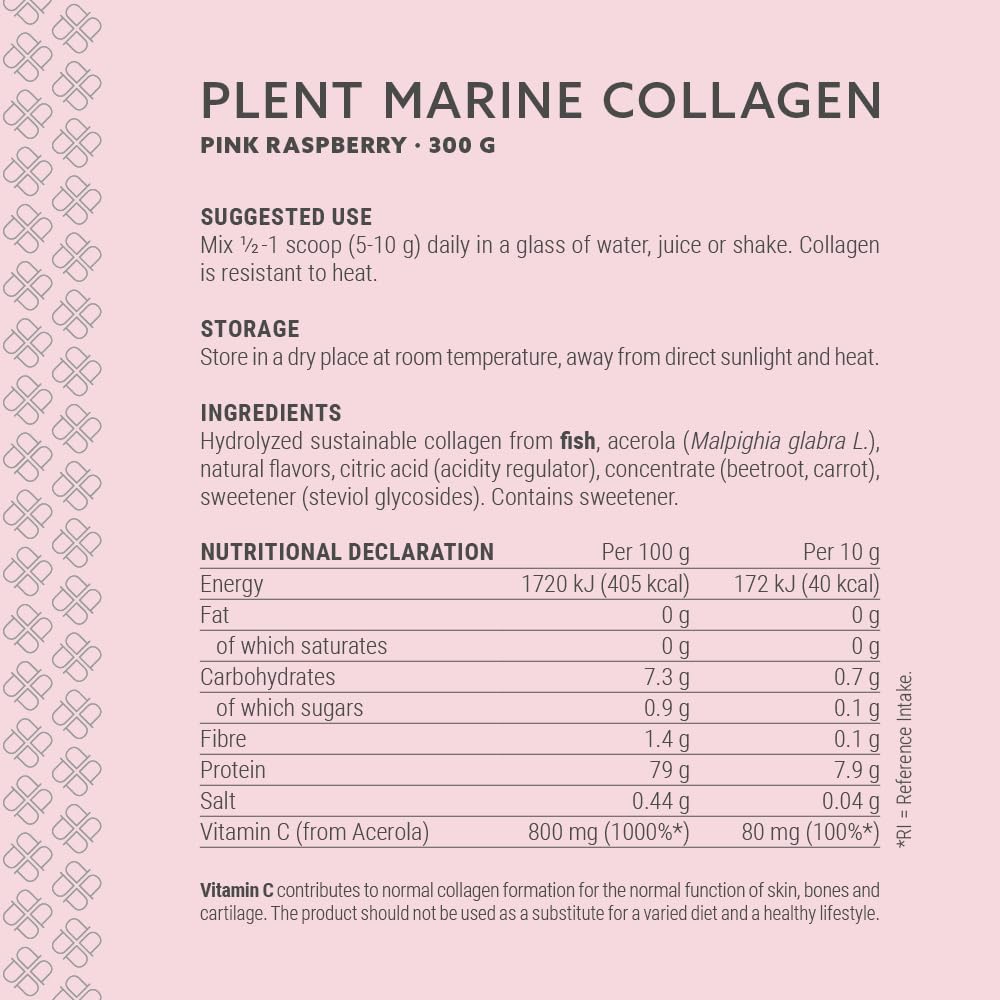 Plent Pure Marine Collagen Pink Raspberry - Stay Beautiful - 5G Daily - Collagen Peptides - 300g