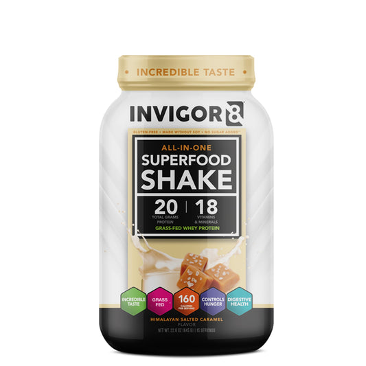 INVIGOR8 Superfood Grass Fed Whey Protein Isolate Shake Himalayan Salted Caramel 