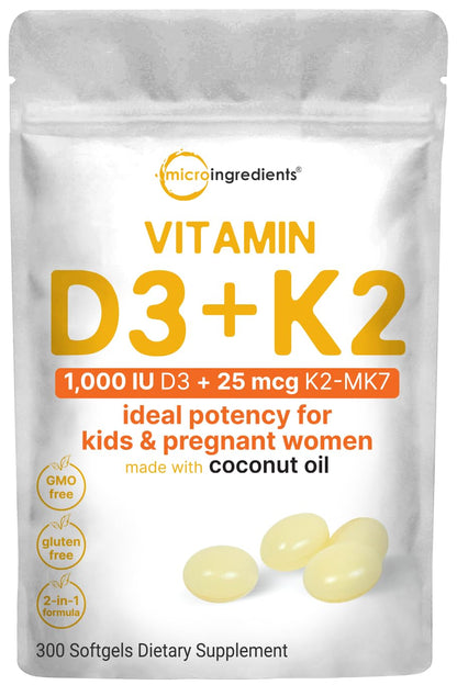 Micro Ingredients Vitamin D3 1,000 iu Plus K2 (MK-7) 25 mcg, 300 Virgin Coconut Oil