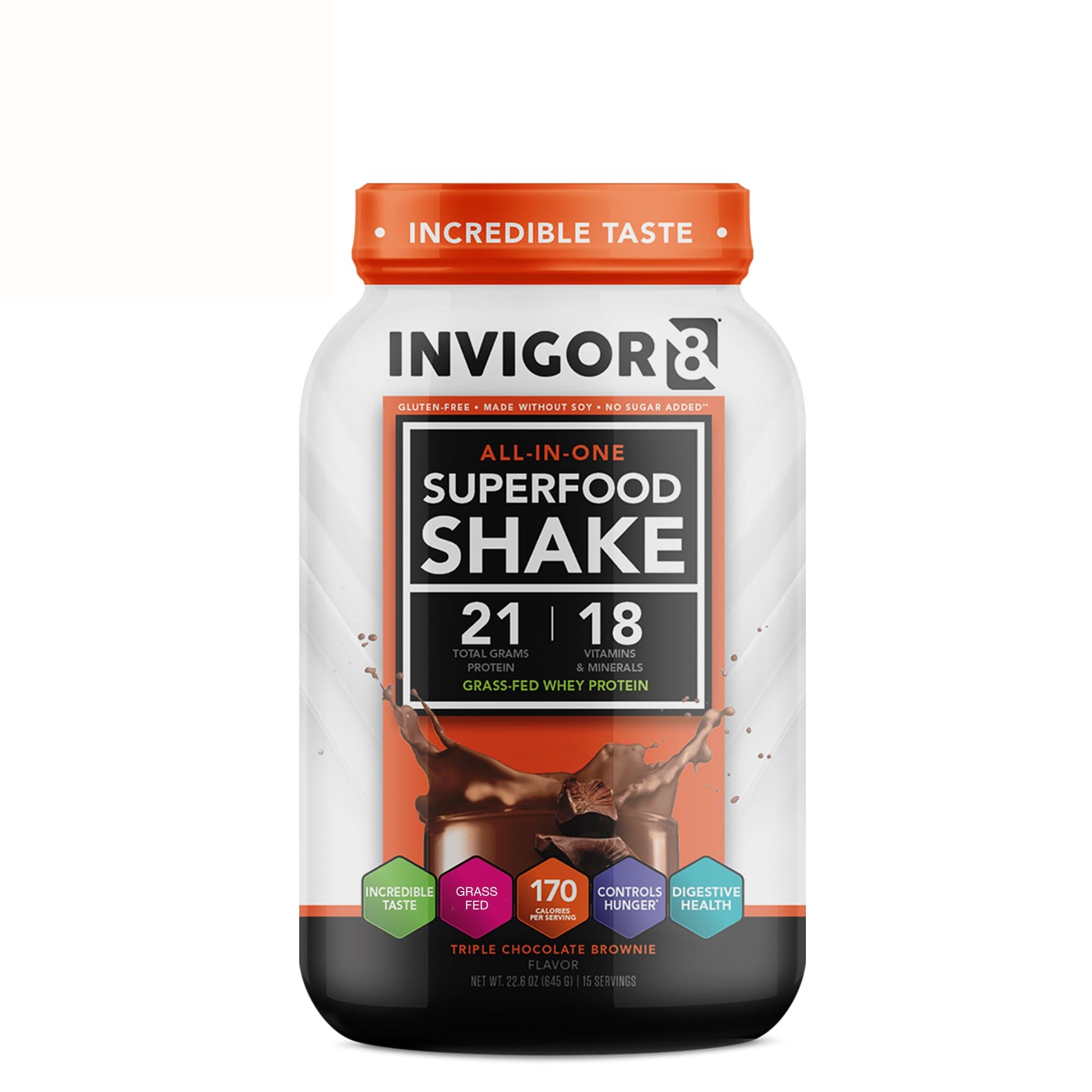 INVIGOR8 Superfood Grass Fed Whey Protein Isolate Shake Chocolate Brownie Gluten