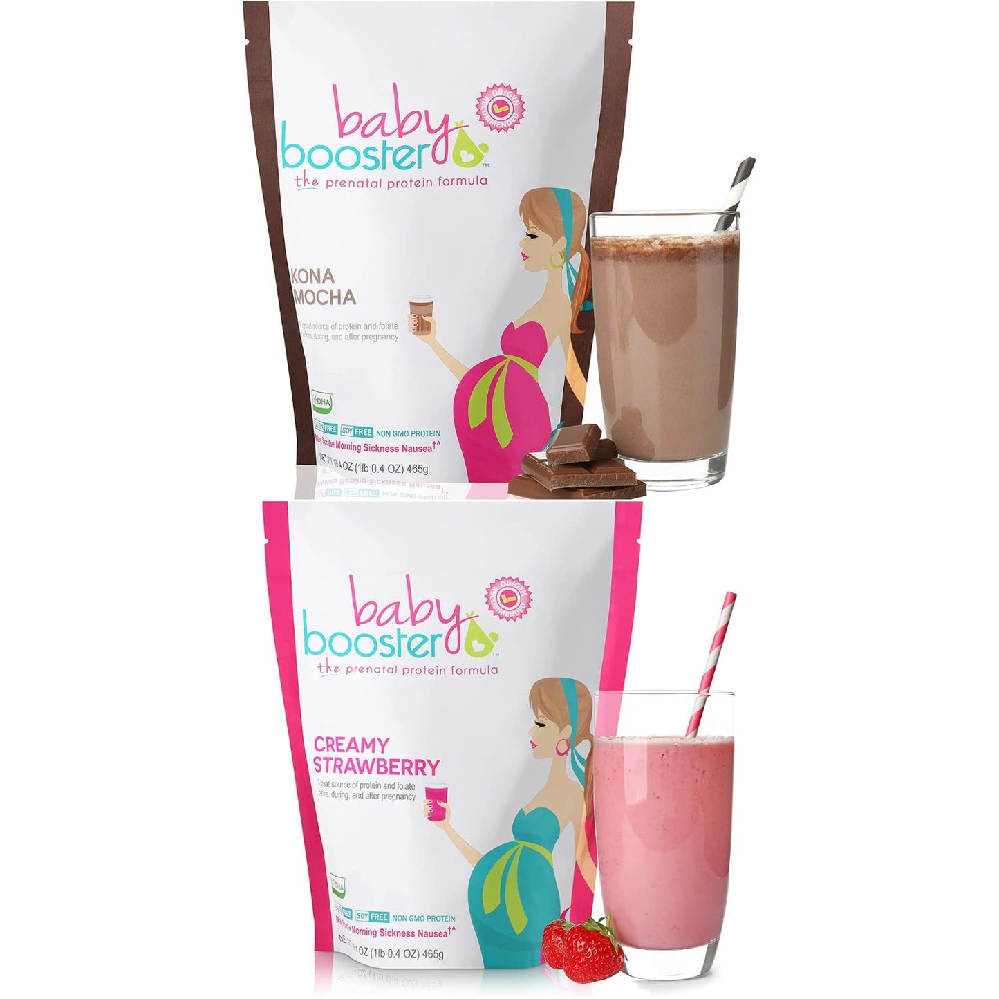 Baby Booster Prenatal Vitamin Supplement Shakes, Kona Mocha and Strawberry