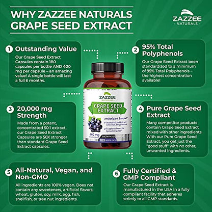 Zazzee High Strength Grape Seed 50:1 Extract, 20,000 mg Strength, 180 Vegan Capsules