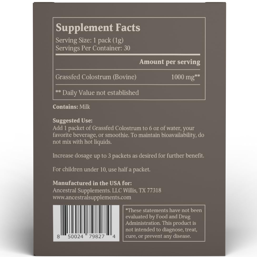 Ancestral Supplements Grass Fed Beef Bovine Colostrum Powder Packets, Immune Support