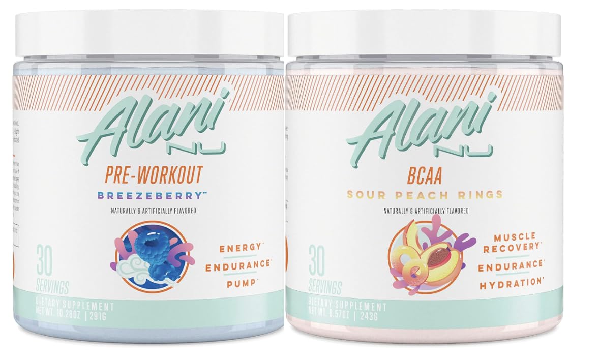 Alani Nu Breezeberry Pre Workout and BCAA Sour Peach Rings Post Workout Powder