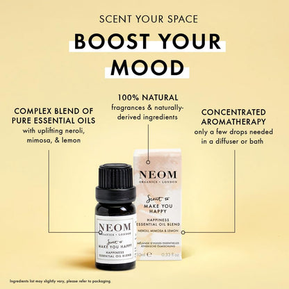 NEOM - Happiness Essential Oil Blend, 10ml | Neroli, Mimosa & Lemon | Scent to Make You Happy Range