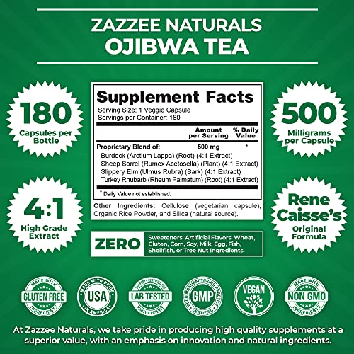 Zazzee Extra Strength Ojibwa Tea 500 mg, 180 Vegan Capsules, Rene Caisse's Original