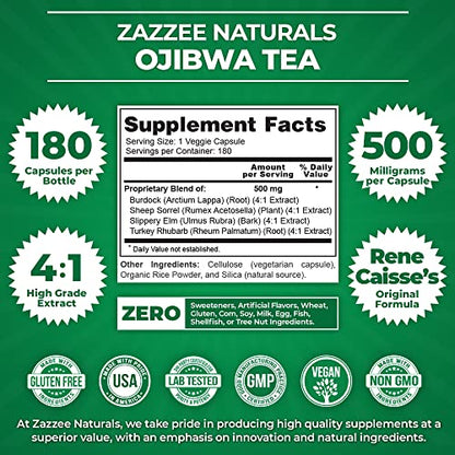 Zazzee Extra Strength Ojibwa Tea 500 mg, 180 Vegan Capsules, Rene Caisse's Original