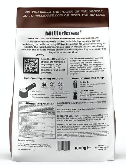 Millidose Chocolate Whey Protein Powder - 1kg of High-Protein Blend with 36g per Serving