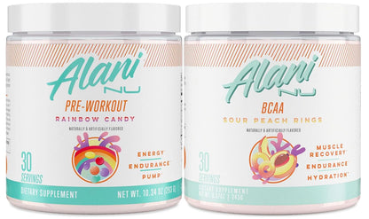 Alani Nu Rainbow Candy Pre Workout and BCAA Sour Peach Rings Post Workout Powder