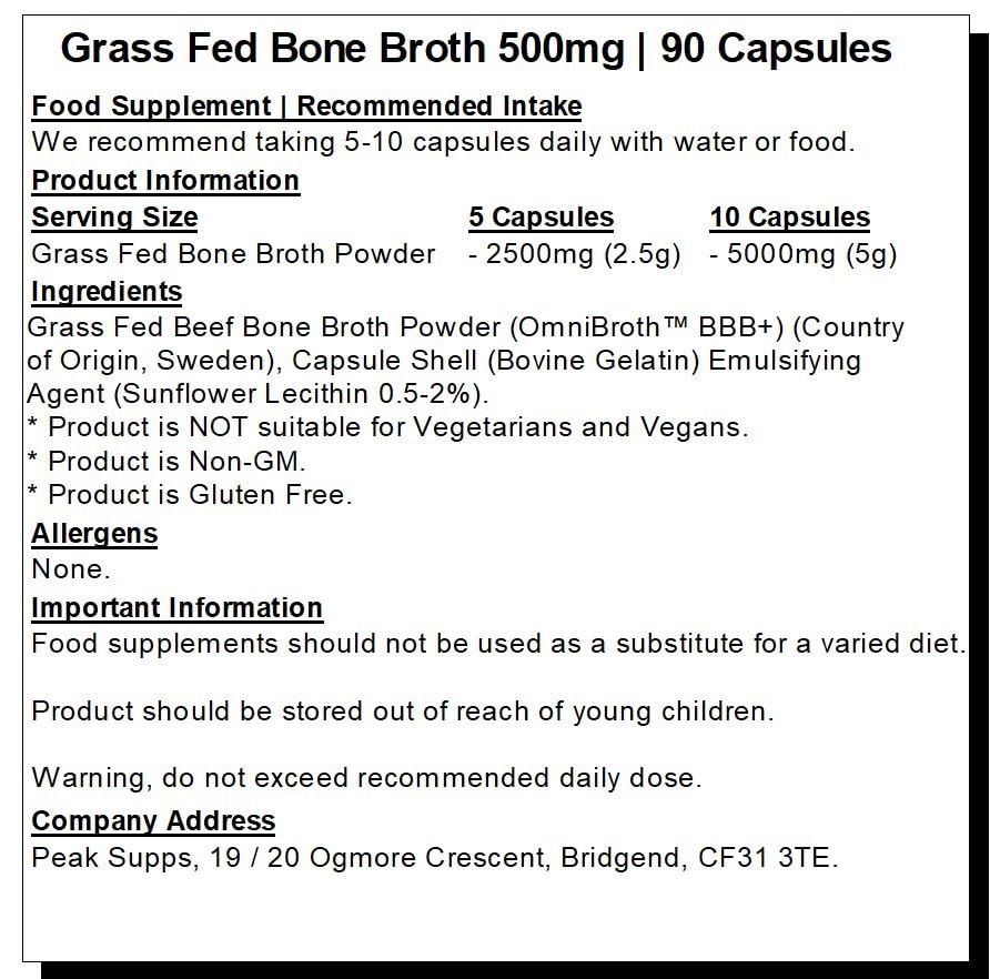 Grass fed Beef Bone Broth 500mg- 90 Capsules - Rich in Type 1 & 3 Collagen