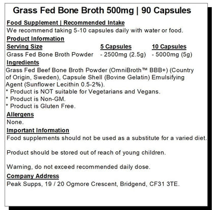 Grass fed Beef Bone Broth 500mg- 90 Capsules - Rich in Type 1 & 3 Collagen