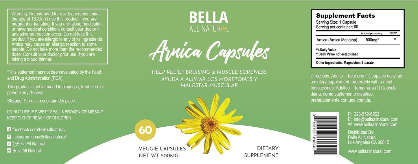 Bella All Natural Arnica Capsules 500 mg, 60 Count