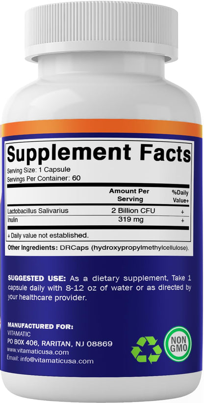 Vitamatic Lactobacillus Salivarius 2 Billion per DR Capsule - 60 Count - Digestive Support