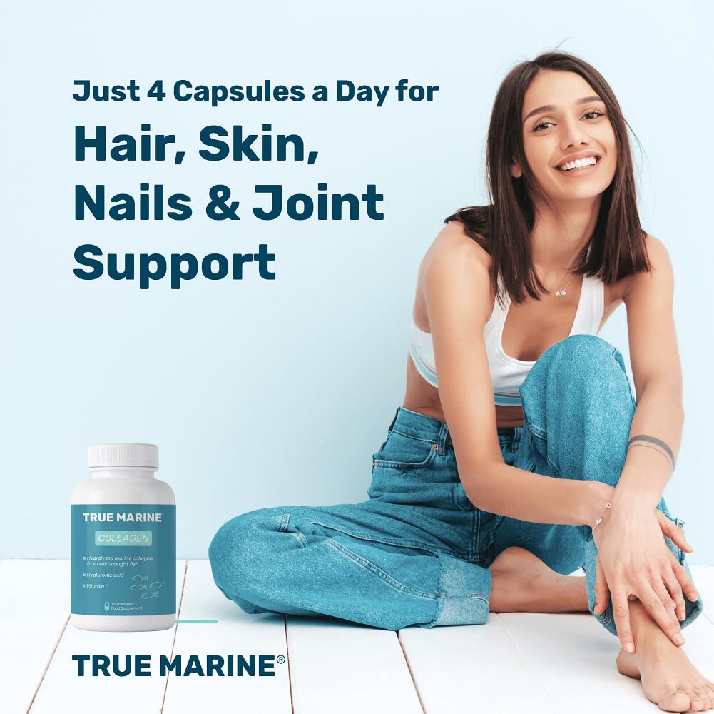 TRUE MARINE Collagen Capsules - 2,400mg of Marine Collagen with Hyaluronic Acid & Vitamin C - Skin, Hair, Nails & Joint Support