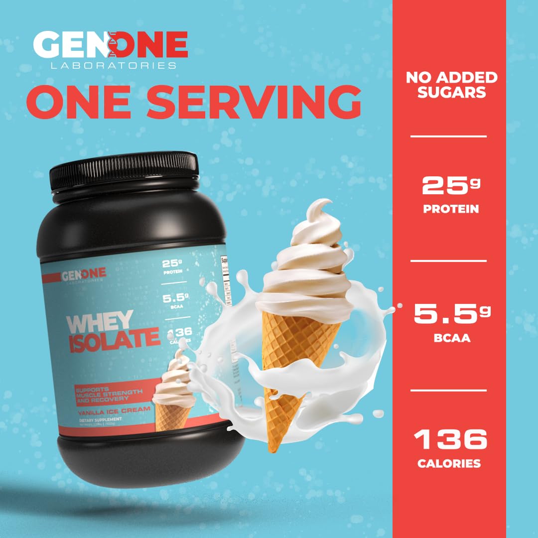 GenOne Whey Protein Powder Isolate, 25g Protein and 5.5g BCAAs per Serving, Vanilla Ice