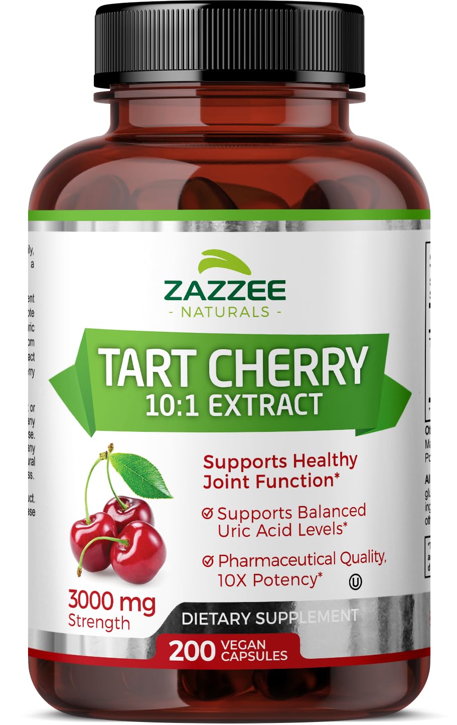 Zazzee Tart Cherry 10:1 Extract, 3000 mg Strength, 200 Vegan Capsules