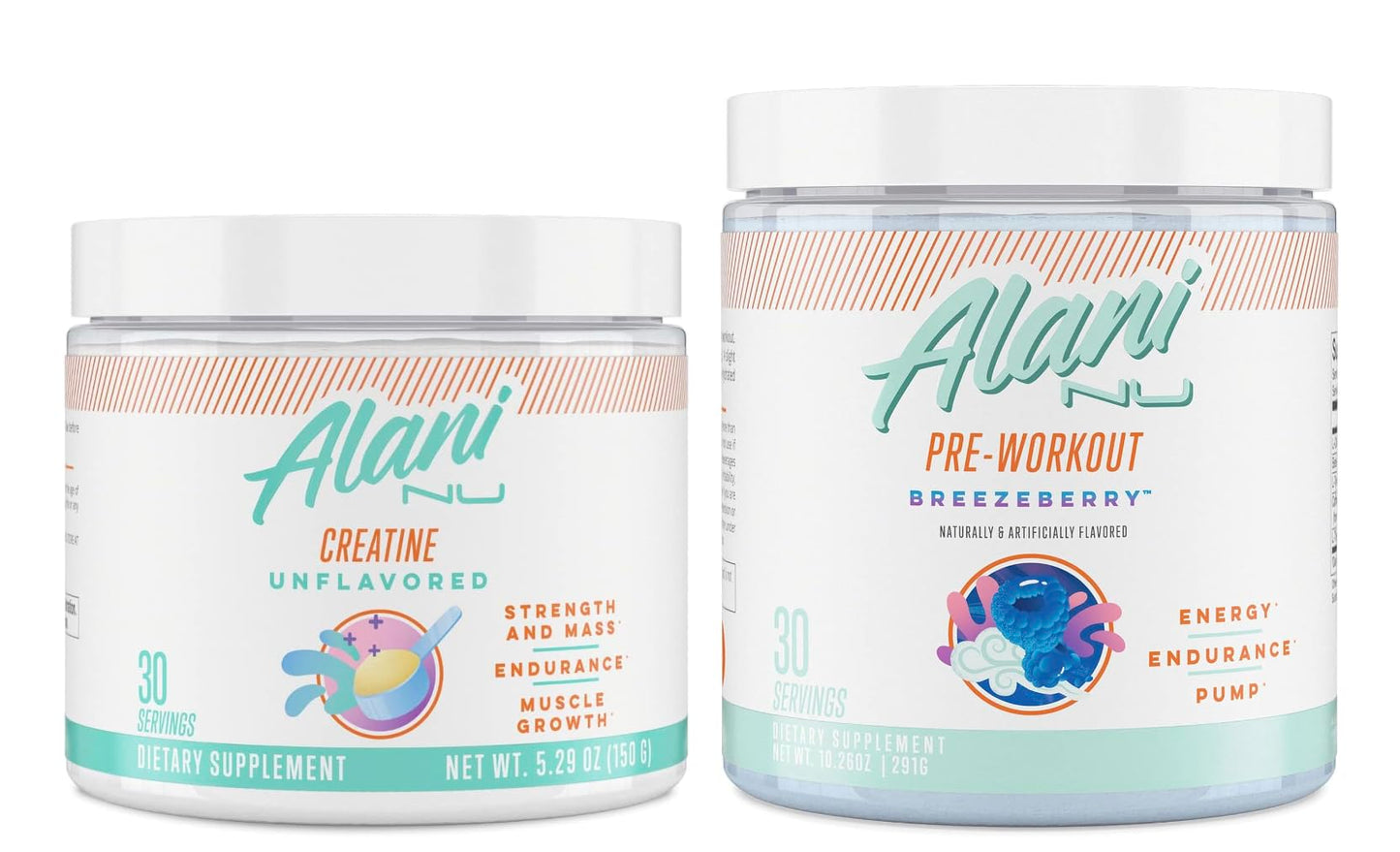 Alani Nu Creatine Monohydrate Powder and Pre Workout Breezeberry Powder Bundle