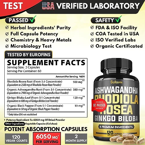 6050mg Rhodiola Rosea Supplement with Ashwagandha Root, Ginkgo Biloba & Black Pepper