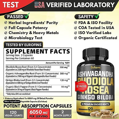 6050mg Rhodiola Rosea Supplement with Ashwagandha Root, Ginkgo Biloba & Black Pepper