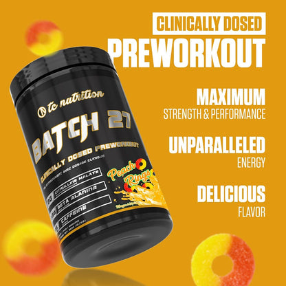 Batch 27 Pre Workout Powder - 8g Citrulline, 3.5g Beta Alanine, 2.5g Betaine, 325mg Caffeine | Instant Energy, Focus, Pumps, & Strength | Nitric Oxide Booster & Powerful Preworkout 20sv Peach Rings