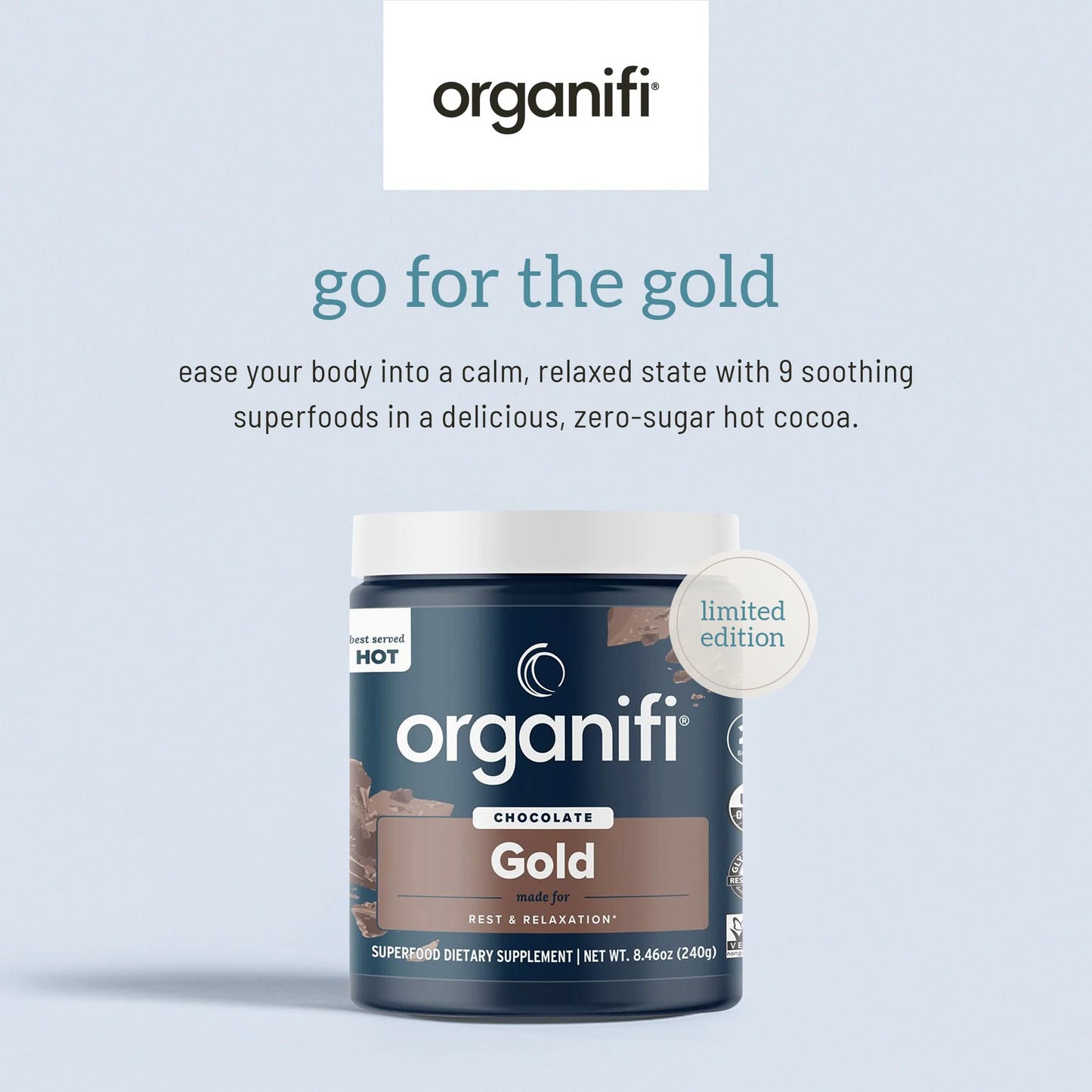 Organifi - Gold Chocolate - Superfood Supplement Powder - 20 Day Supply - Supports Rest