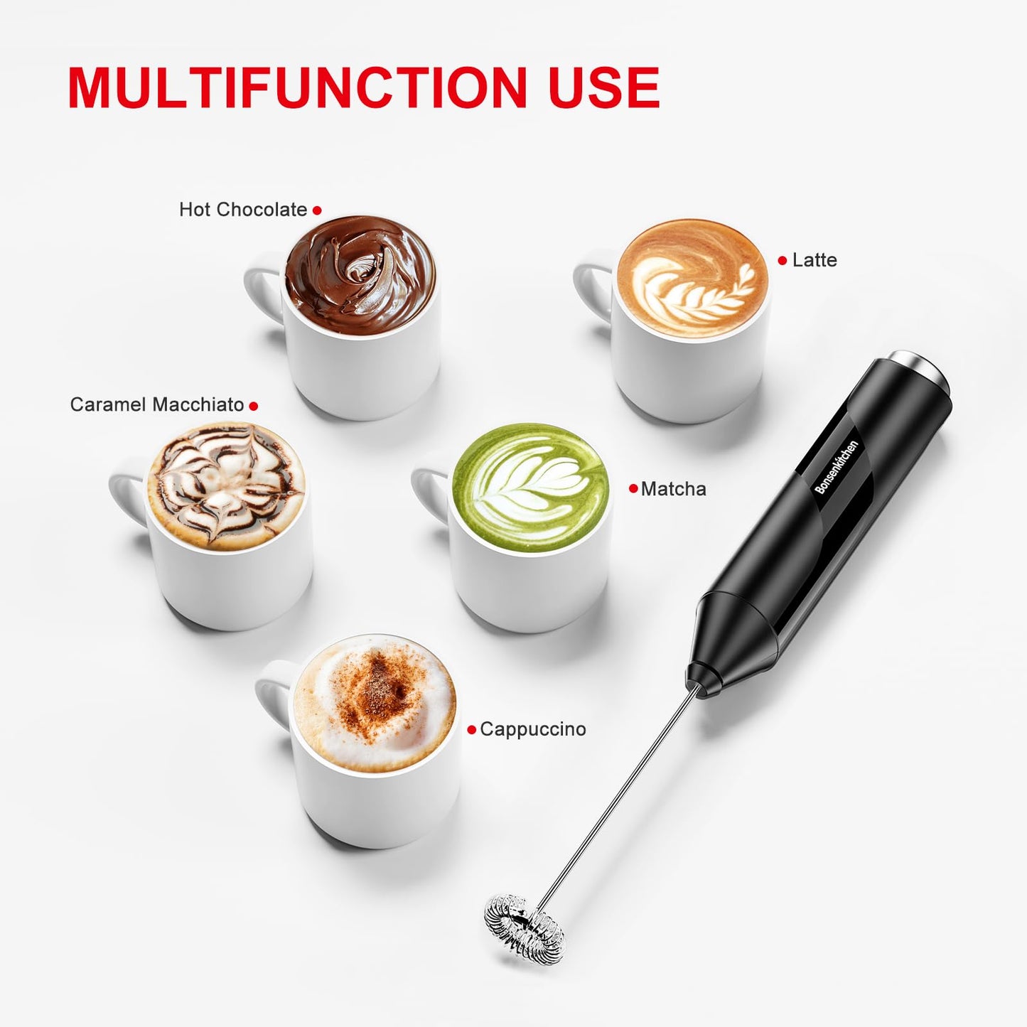 Bonsenkitchen Milk Frother Handheld, Electric Foam Maker with Stainless Steel Whisk