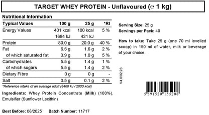 Whey Protein Powder | Unflavoured | Target Whey Protein by ROS Nutrition | 1 Kg | 40 Servings