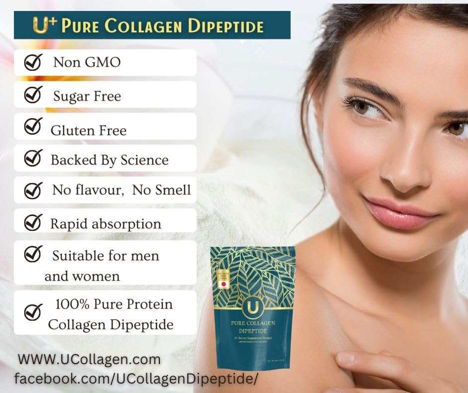 U+ Pure Collagen Dipeptide Supplement - Advanced Hydrolyzed Collagen Powder for Skin, Hair