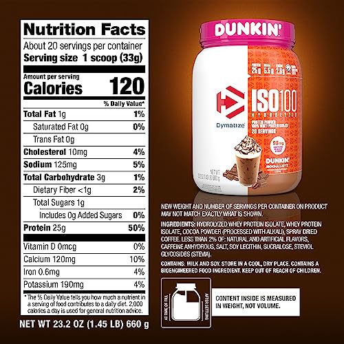 Dymatize ISO100 Hydrolyzed Protein Powder in Dunkin' Mocha Latte Flavor, 100% Whey