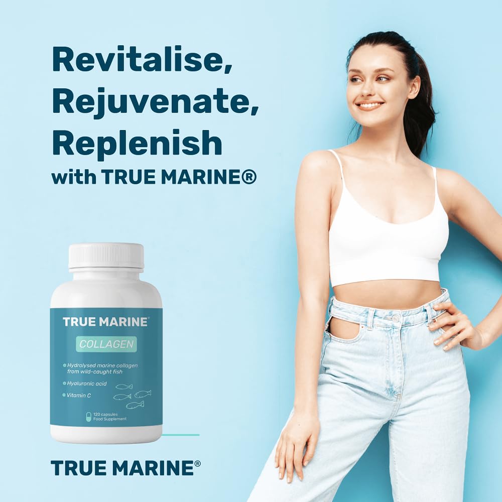 TRUE MARINE Collagen Capsules - 2,400mg of Marine Collagen with Hyaluronic Acid & Vitamin C - Skin, Hair, Nails & Joint Support