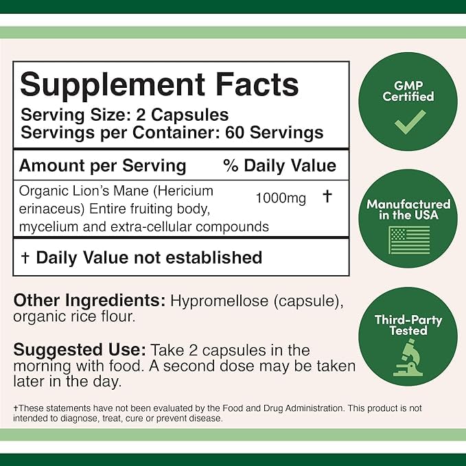 Lions Mane Supplement Mushroom Capsules (Two Month Supply - 120 Count) for Brain