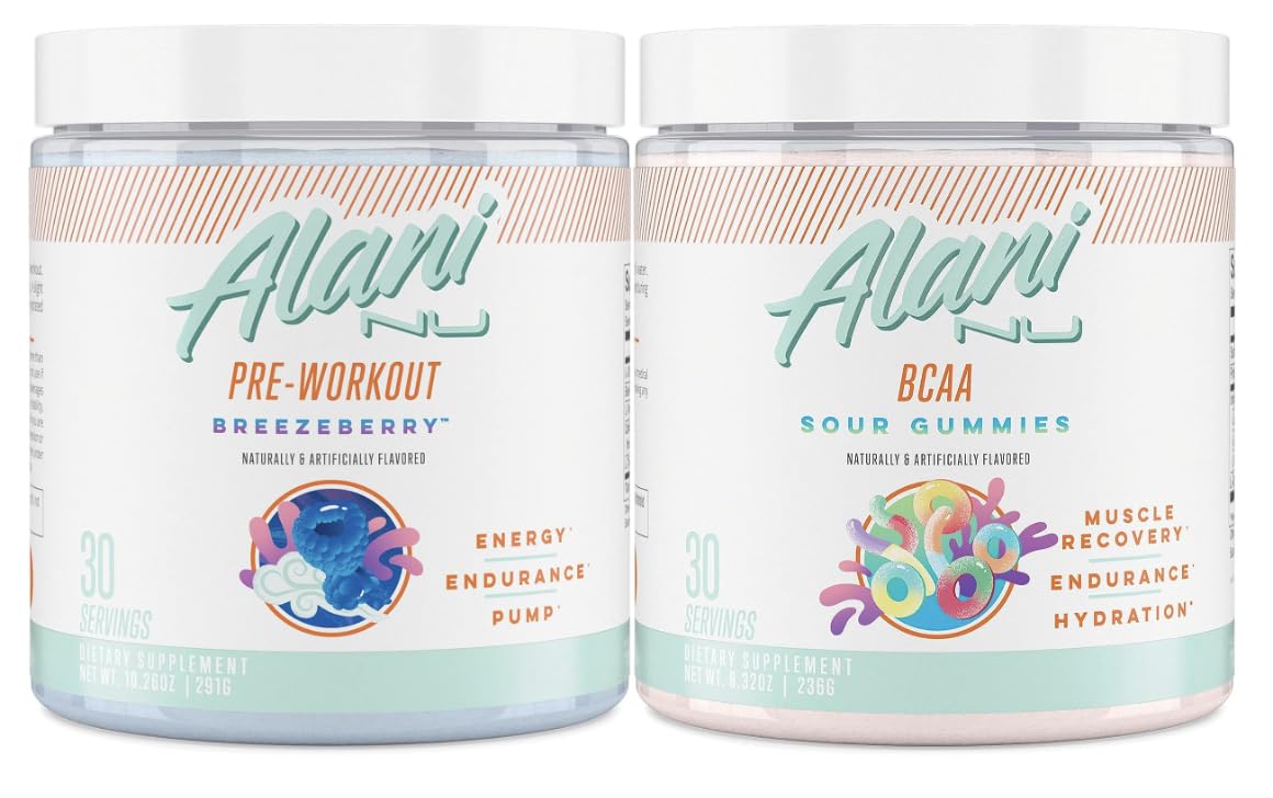 Alani Nu Breezeberry Pre Workout and BCAA Sour Gummies Post Workout Powder Bundle