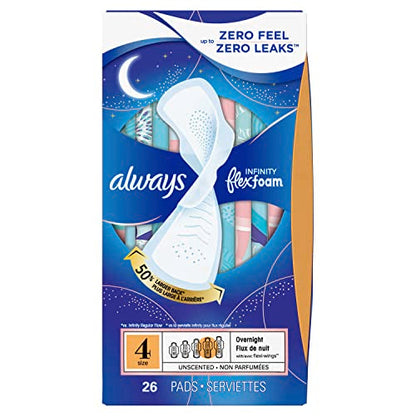 Always Infinity Feminine Pads For Women, Size 4 Overnight Absorbency, Multipack, With Flexfoam