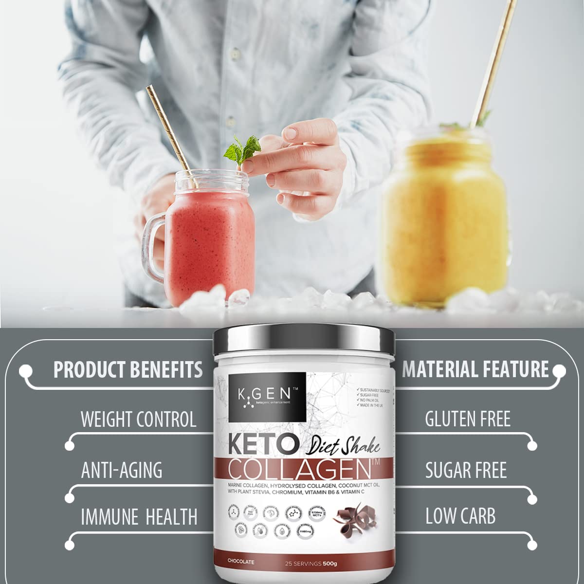 K-GEN Diet Shake Meal Replacement Keto Collagen Powder | Multi Collagen Protein with MCT Oil, Vitamin C