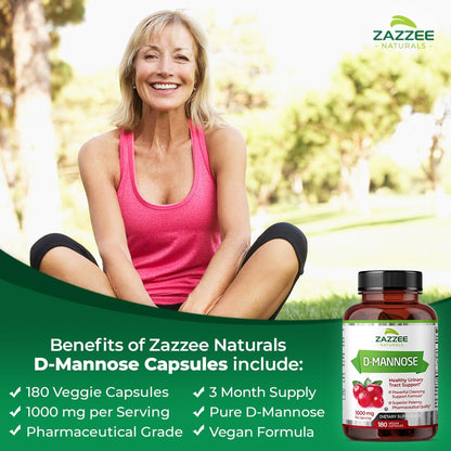 Zazzee D-Mannose, 1000 mg per Serving, 180 Vegan Capsules, 3 Month Supply, Potent