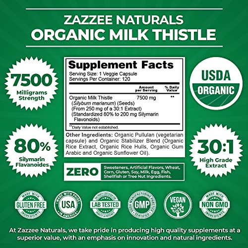 Zazzee USDA Organic Milk Thistle 30:1 Extract, 7500 mg Strength, 120 Vegan Capsules