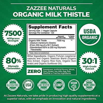 Zazzee USDA Organic Milk Thistle 30:1 Extract, 7500 mg Strength, 120 Vegan Capsules