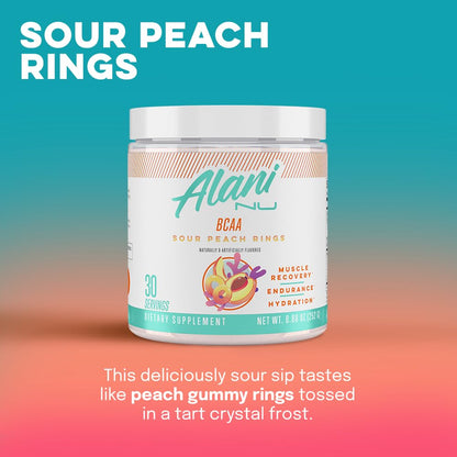 Alani Nu Rainbow Candy Pre Workout and BCAA Sour Peach Rings Post Workout Powder Bundle | L-Theanine, Beta-Alanine, Citrulline | Branch Chain Essential Amino Acids | 30 Servings per Container