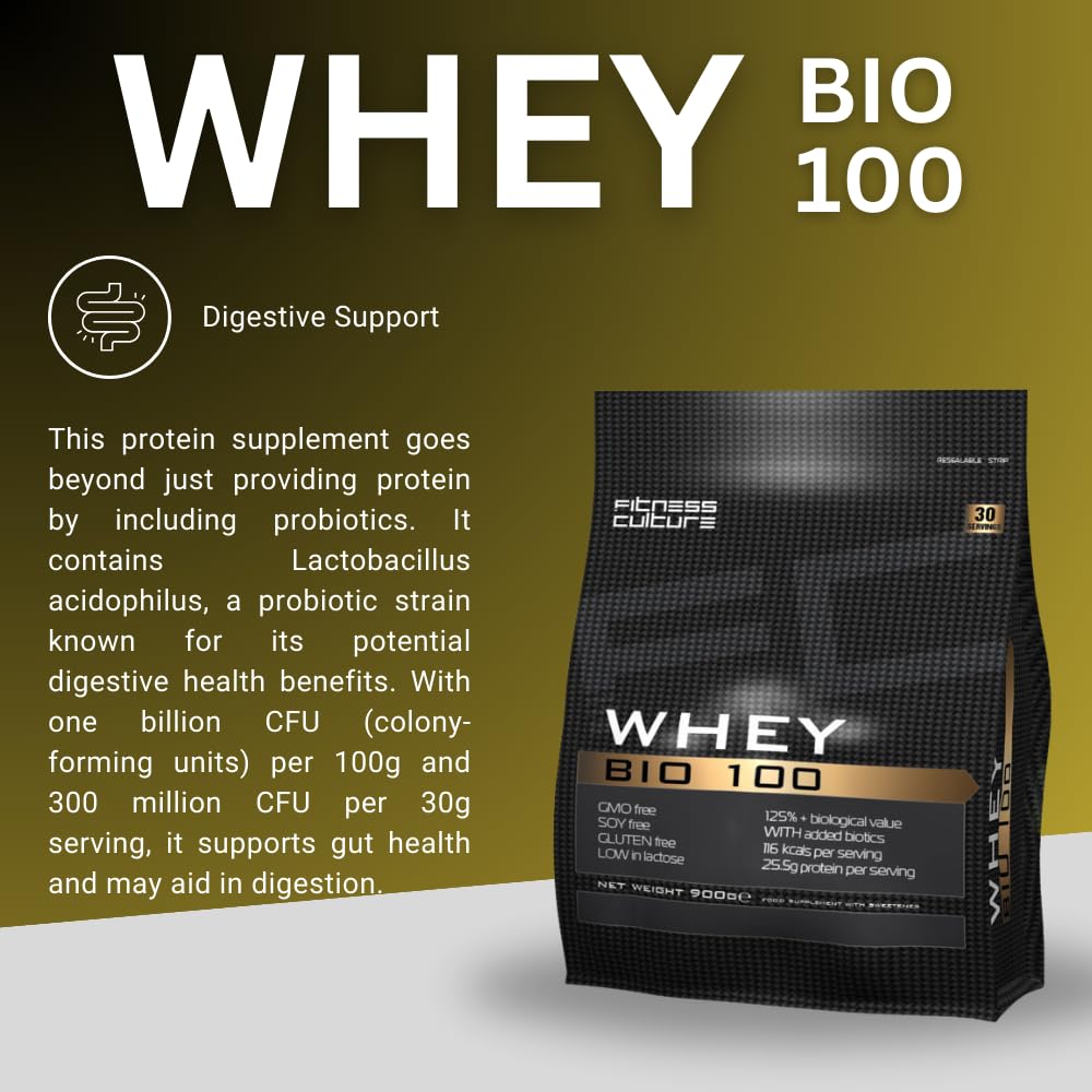 Fitness Culture Whey Bio 100 Whey Protein Powder with Pre and Pro Biotics Raspberry Flavour