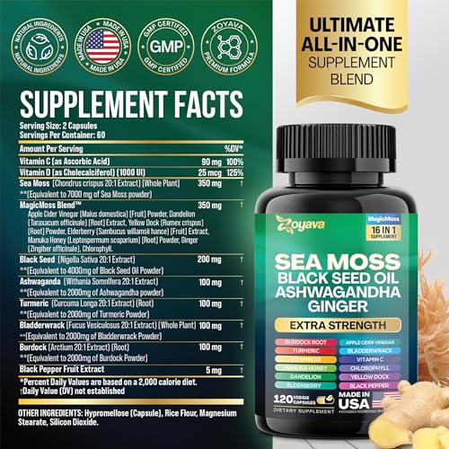 Sea Moss Black Seed Oil Ashwagandha Turmeric Bladderwrack Burdock & Ginger Vitamin