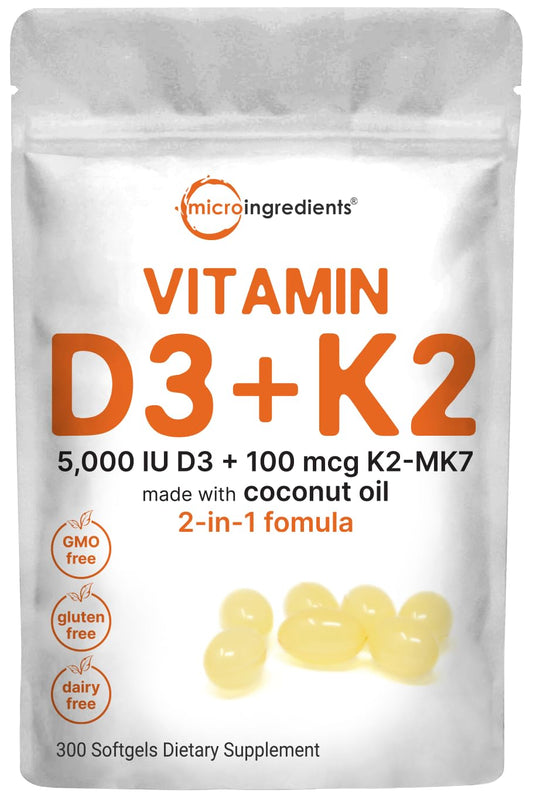 Micro Ingredients Vitamin D3 5000 IU Plus K2 (MK-7) 100 mcg, 300 Virgin Coconut Oil Softge