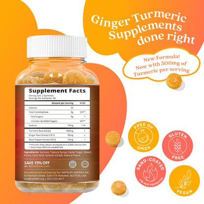 BeLive Turmeric Curcumin with Black Pepper & Ginger - 60 Gummies I Turmeric and Ginger