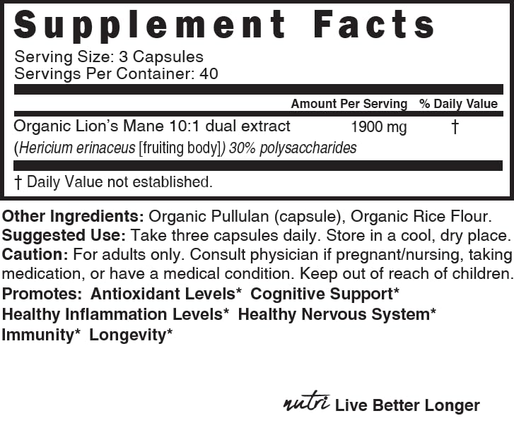 Nutri Organic Lions Mane Supplement Capsules - 1900 mg, 10:1 Dual Extraction, 120 Count