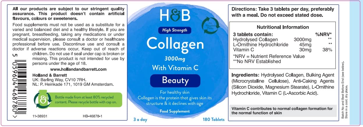 Holland & Barrett Bovine Collagen Tablet 3000mg - Type I Collagen Peptides - Hydrolysed Collagen with Vitamin C - Hair, Skin & Nails