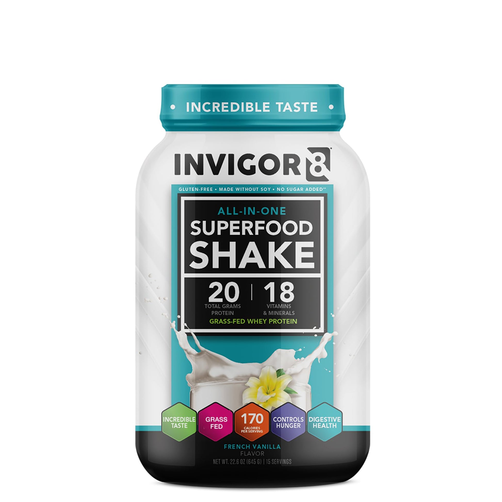 INVIGOR8 Superfood Grass Fed Whey Protein Isolate Shake French Vanilla Gluten-Free 